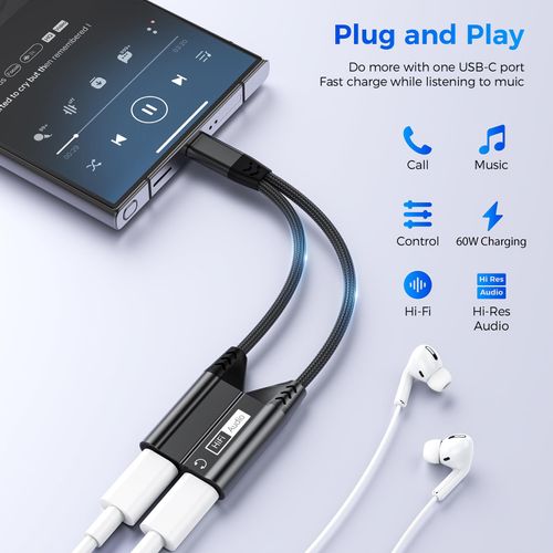 Magnetic USB C Splitter, Dual USB C Headphone and Charger Adapter Type C Audio Dongle Cable with 60W Fast Charging 2 IN 1 iphone 16 Headphone and Charging splitter for iPhone 15/16, iPad,Galaxy,Pixel