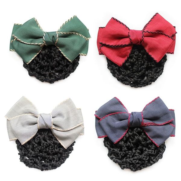 Barrettes with Bun Cover Hairnet, Hair Bow Snood Clip with Hairbun Net For Ballet Dance or Work Clothes F-J-H2 (Set of 4 - Green,Red,Gray,Navy Blue)