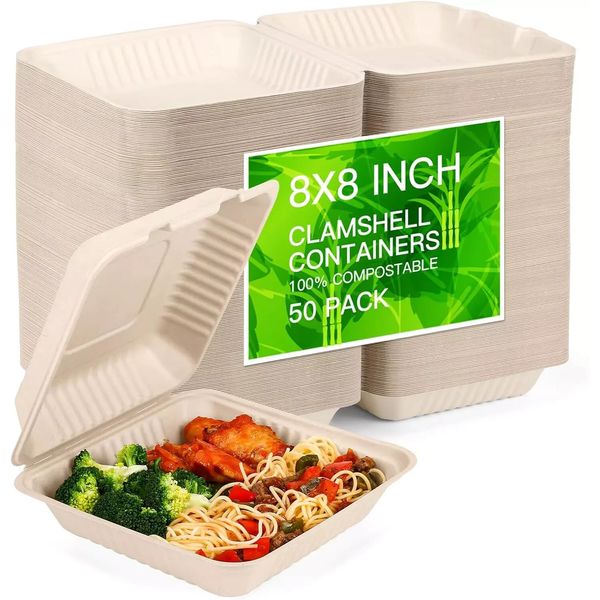 100% Home Compostable 50 Pack Disposable Clamshell Take Out Food Containers, 8X8