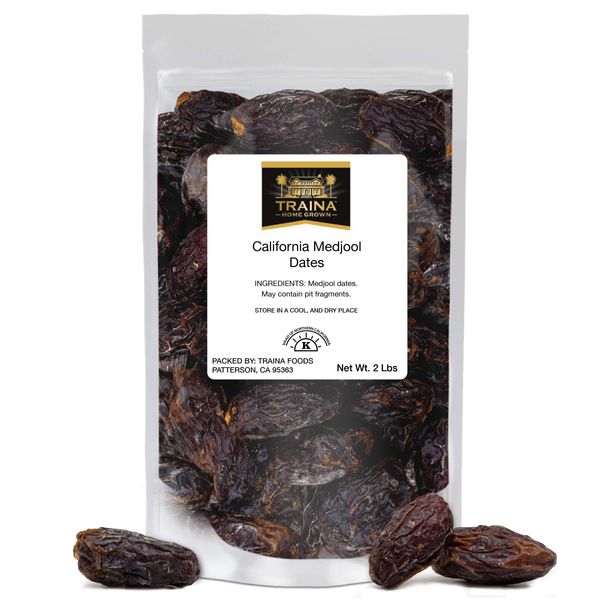 Traina Home Grown California Sun Dried California Medjool Dates - Healthy, No Added Sugar, Non GMO, Gluten Free, Kosher Certified, Vegan, Packed in Resealable Pouch (2 lbs)