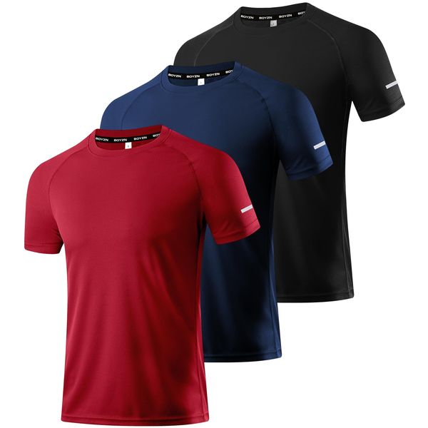 Herren 3er Pack Sport Tshirts Kurzarm Funktionsshirt Laufshirt Mesh Schnelltrocknend Atmungsaktiv Sport T-Shirts Sommer Fitness Trainingsshirt Running Shirts für Männer Black/Navy/Red-3P01-S