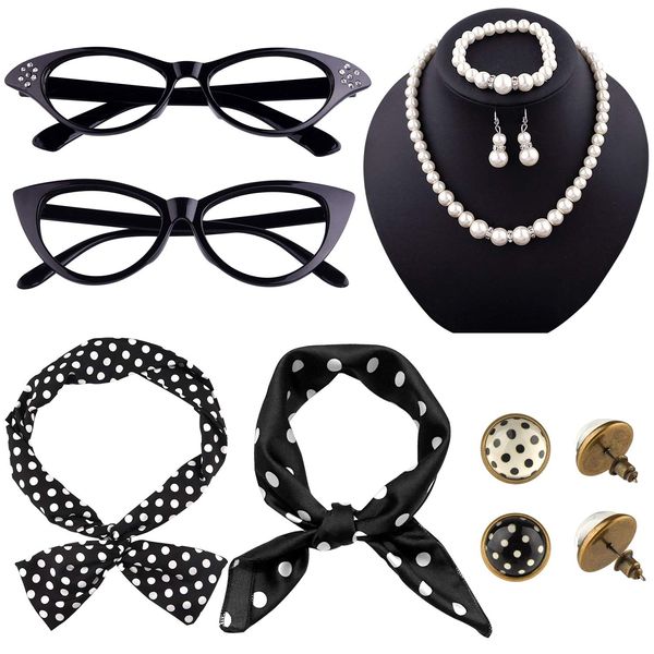 TUPARKA 12 Pcs 50's Costume Accessories Set Includes Chiffon Scarf Cat Eye Glasses Bandana Tie Headband Earrings Artificial Pearl Bracelet and Necklace