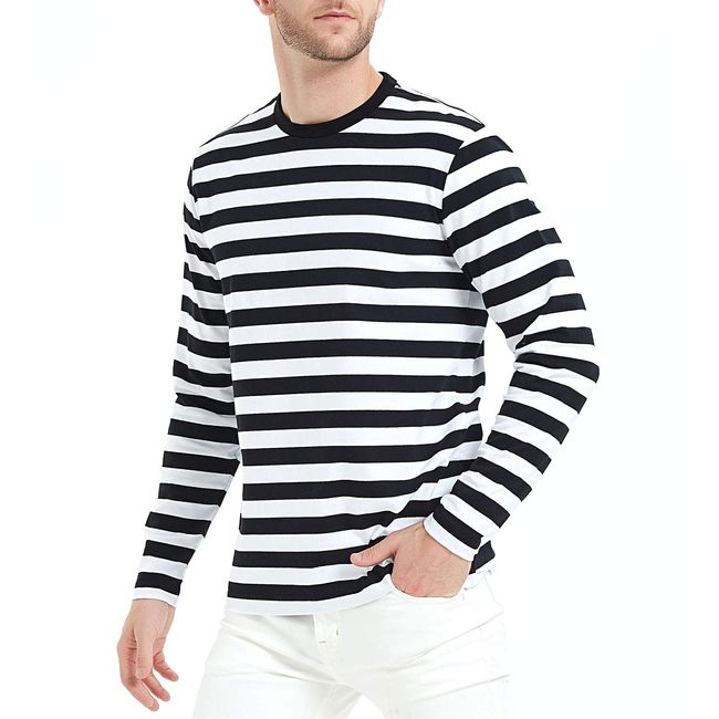 LEDING Mens Shirt Black White Casual Cotton Spandex Striped Crewneck Long-Sleeve T-Shirts Basic Pullover Striped Men