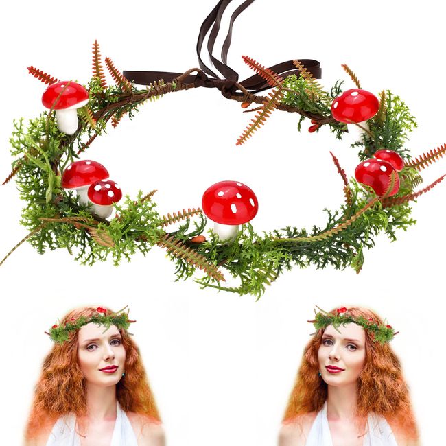 MOSTORY Green Elf Mushroom Crown - Fairy Woodland Crown Forest Flower Headpiece Floral Circlet for Women Girls Renaissance Carnival Cosplay Photo Shoot