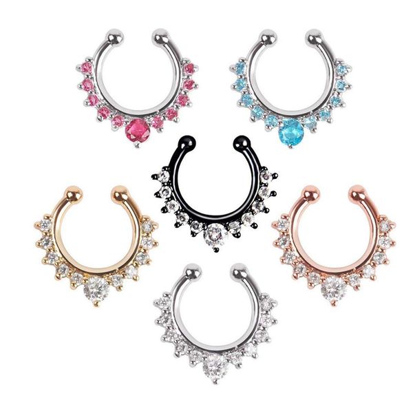 XUKEKOY 6pcs Fake Septum Clicker Nose Ring Rhinestone Non Piercing Hanger Clip Body Jewelry