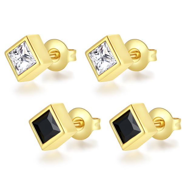 Yulovee 2 Pairs 9ct Gold Plated Square Crystal Stud Earrings Women White/Black Cubic Zirconia Earrings Set for men-Gold Tone.