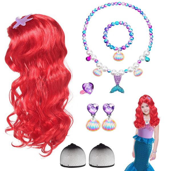 8 Pcs Mermaid Wigs Costume, Angels Princess Red Long Curly Wig Hair, Little Mermaid Pretend Fancy Dress Up Costume with 2 Hairnet Necklaces Bracelet Earrings Ring for Adult Kids Birthday Party Cosplay