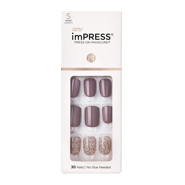 KISS imPRESS Press-On Manicure, Nail Kit, PureFit Technology, Short Press-On Nails, Square, Flawless', Includes Prep Pad, Mini Nail File, Cuticle Stick, and 30 Fake Nails Purple and Silver