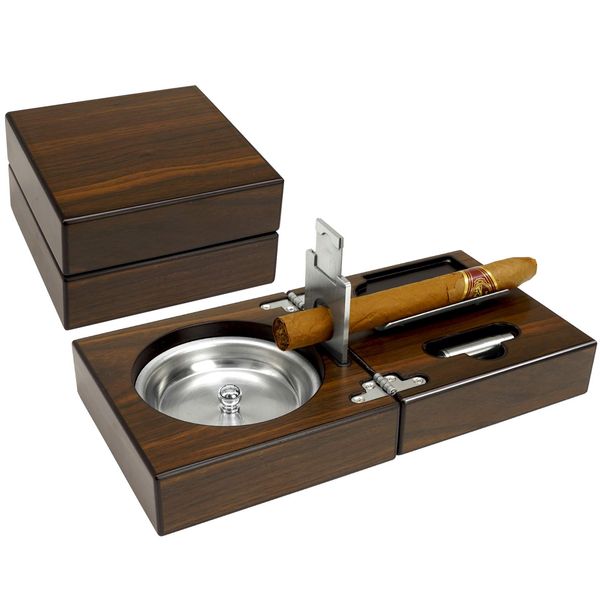 OYHBO Wooden Cigar Ashtray Set with Cigar Cutter and Punch - Foldable Travel Compact Cigar Holder Ashtray Collection Gift