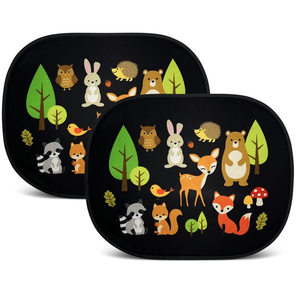 HECKBO 2x car sun visor with 8 suction cups - Forest animals - 44x36cm - car window side sunshade car sun visor side for baby kids girls boys incl. Bag