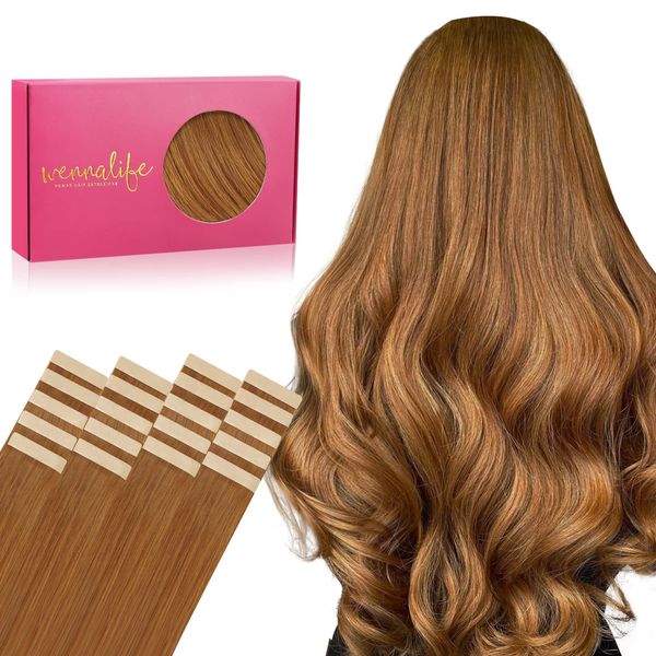 WENNALIFE Tape Extensions Echthaar, 20pcs 50g 35cm 14 Zoll Auburn Ginger Remy Invisible Tape Extensions Seidig Gerade Echthaar Extensions Skin Weft Tape Ins