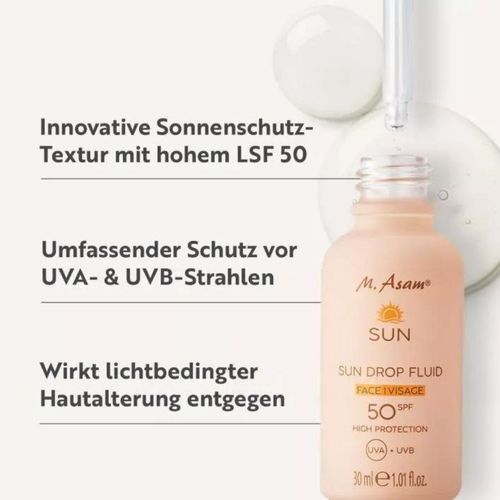 M Asam SUN Drop Fluid SPF 50 (30 ml) - Nourishing Sun Protection Serum for Face with Intensive Protection Against UVA & UVB Radiation, with Aloe Vera & Hyaluron, Vegan Face Sun Protection
