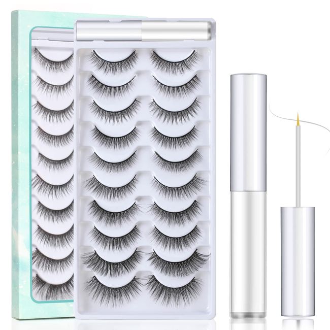 SISILILY Künstliche Wimpern mit Wimpern Kleber, 10 Paare Wimpern Natürlich Schwarz, 3D Wimpern Wiederverwendbar Handgefertigte Wimpern Multipack