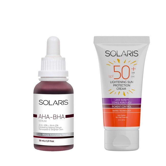 Solaris Cilt Tonu Eşitleyici Canlandırıcı Aha%10 + Bha%2 Serum 30 ml ve Güneş Kremi Leke Karşıtı SPF 50+ (50 ml)