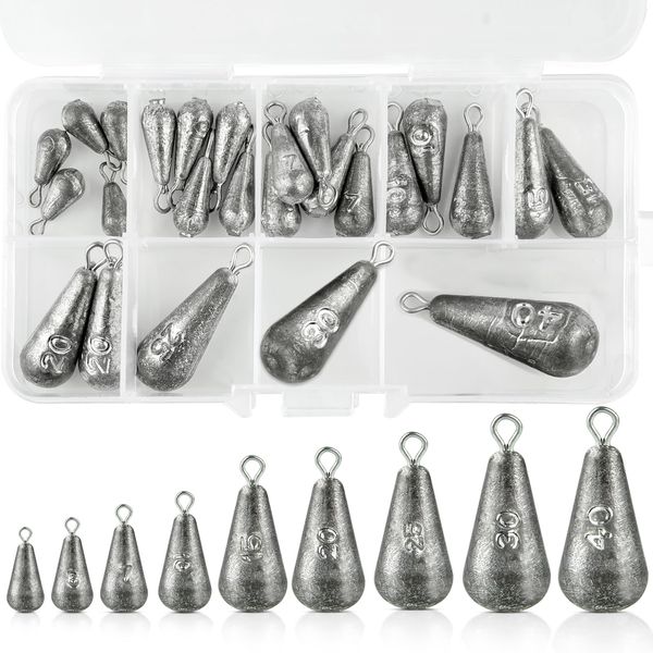 Peaken 25pcs Fishing Weights,9 Size Fishing Weights Mixed 3.5g 5g 7g 10g 15g 20g 30g 40g,Small Fishing Weights Sinkers for River, Freshwater, Mackerel (A)