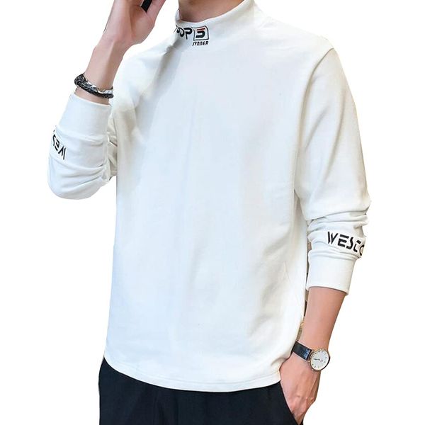 foveitaa Men's T-shirt, Cut and Sewn T-shirt, High Neck Sweater, Round Neck, Long Sleeve, Thick, Loose, Plain, Simple, Spring Clothes, Autumn Clothes, Large Size, #1942: White