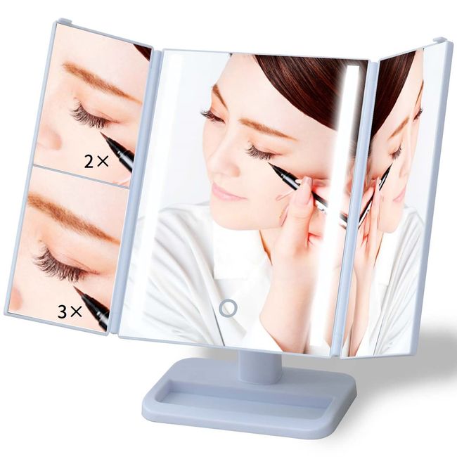 Yamazen LEM3-2012(WH) Tabletop Actress Mirror (Lighted Mirror), Three-sided Mirror, Magnifying Glass (2x / 3x), Stepless Dimming, Front and Rear Angle Adjustment, Folding, LED, White