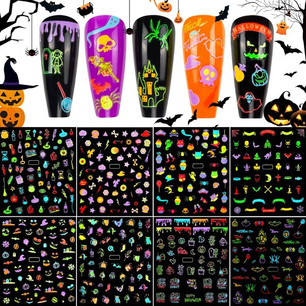 8 Blatt Halloween Nagelsticker Abziehbilder, 3D Halloween Nagelaufkleber Selbstklebende, Kürbis Geist Schädel Nagel Aufkleber Nail Art Stickers Set für DIY Halloween Nail Design Dekorationen