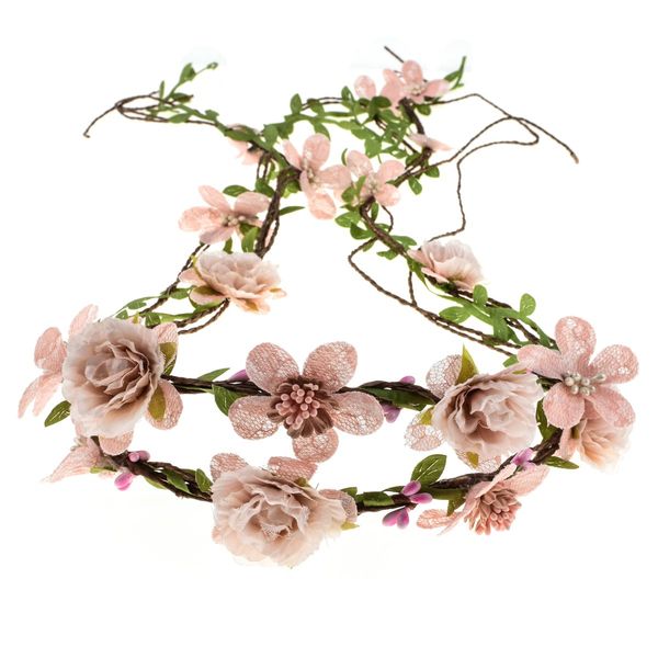 Floral Fall Adjustable Bridal Flower Garland Headband Flower Crown Hair Wreath Halo F-83 (Style 2 Blush)