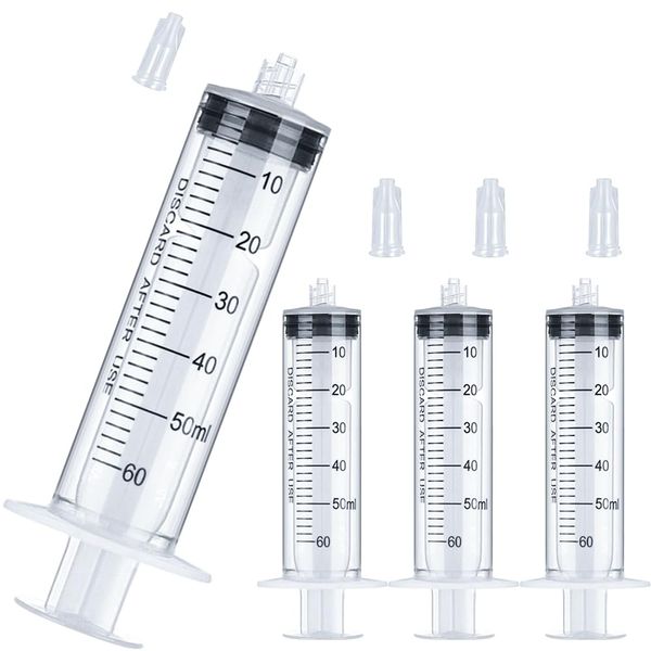 60mL Luer Lock Syringe 4 Pack Large Plastic Sterile Syringes without Needle, for Liquid, Oral, Measurement, Dispensing, with Cap 50mL/60cc