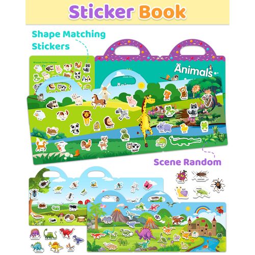 Benresive Reusable Sticker Books for Kids 2-4, 3 Sets Sticker Books for Toddlers 1-3, Toddler Sticker Book Age 2-4, 94 Pcs Cute Waterproof Stickers for Teens Girls Boys - Animals, Dinosaurs and Insect