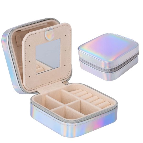 Darbermu Mini Portable Jewelry Box Organiser, Travel Jewellery Case, Leather Double Layer Jewelry Box with Mirror, Rings Earrings Necklace Jewelry Gift Box Girls Women (Bright Color)