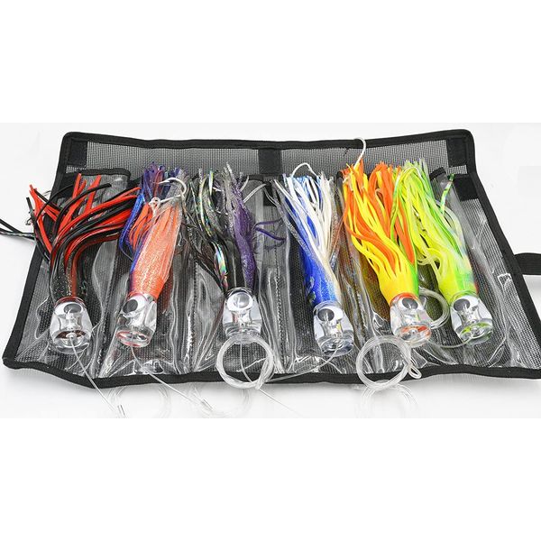 Fishing Lure Set of 6 Trolling Saltwater Skirted Lures: Rigged Lures and Black Bag Included. Catch Any Predatory Pelagic Fish in The Ocean Including Dolphin, Tuna, and Wahoo! (9 inch)