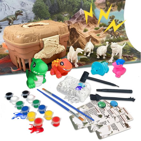 TALGIC Dinosaur Painting Kit for Kids 3-8 with 8 Figurines & Jungle Map, Arts Craft Sets in Dinosaur Storage Box Arts & Crafts Toys for 3-8 Year Olds, Popular Arts Crafts for Boys Ages 3-8