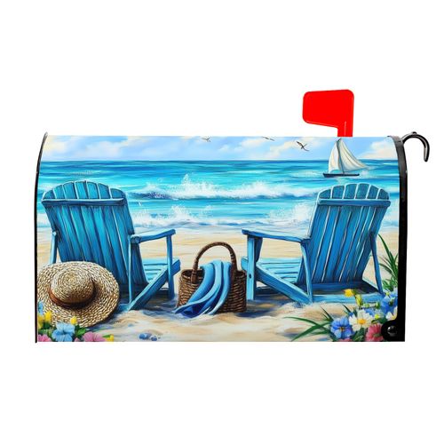 Ancordivo Summer Beach Mailbox Covers Magnetic Standard Size 21 x 18 Inch Nautical Coastal Blue Ocean Seagull Sailboat Chairs Mailbox Wraps Post Letter Box Cover for Garden Yard