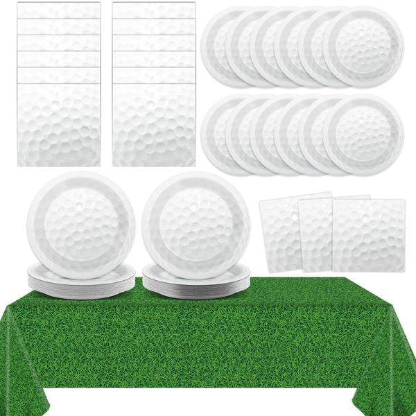 Qyeahkj Golf Party Supplies Serves 24 Golf Ball Party Paper Plates and Napkins Green Grass Plastic Tablecloth Set Golf Tableware Kit for Sports Themed Birthday Decoration Baby Shower Decor