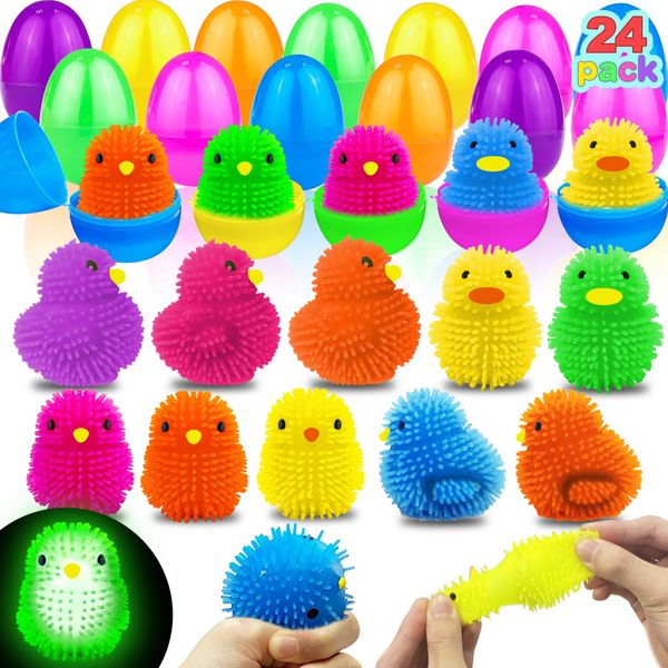 AMENON 24 Pack Easter Basket Stuffers Chick Duck LED Puffer Balls Easter Eggs Filled Light Up Squeeze Sensory Ball Stress Relief Fidget Toys for Kids Boys Girls Easter Egg Hunt Party Favor Gift