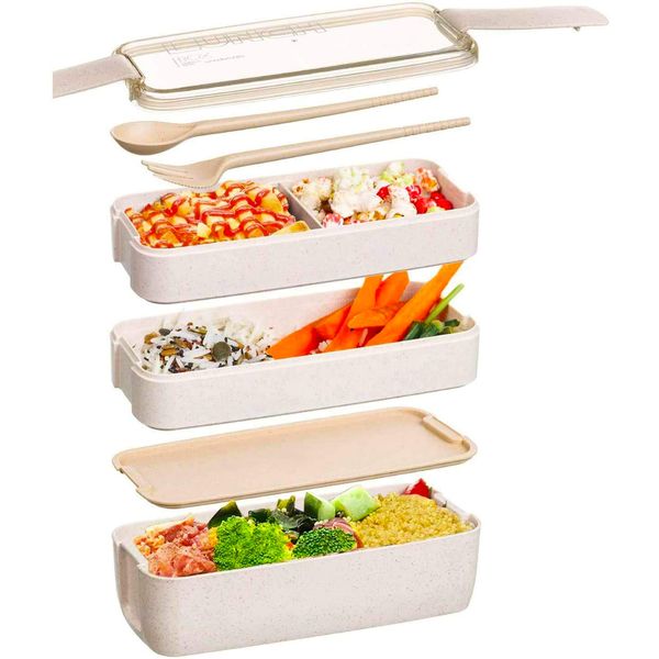 Meider Japanese Bento Box Lunch Box, Reusable 3-in-1 Compartment, Bento Lunch Box Meal Prep Containers with Fork, Spoon