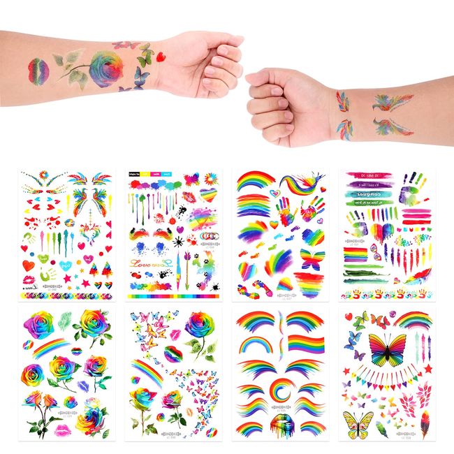 AIEX 8 Blätter Regenbogen Temporäre Tattoos, Pride Temporäre Tattoos, Blume/Schmetterling/Herz Bunte Gay Pride Aufkleber LGBTQ Zubehör für Erwachsene und Jugendliche