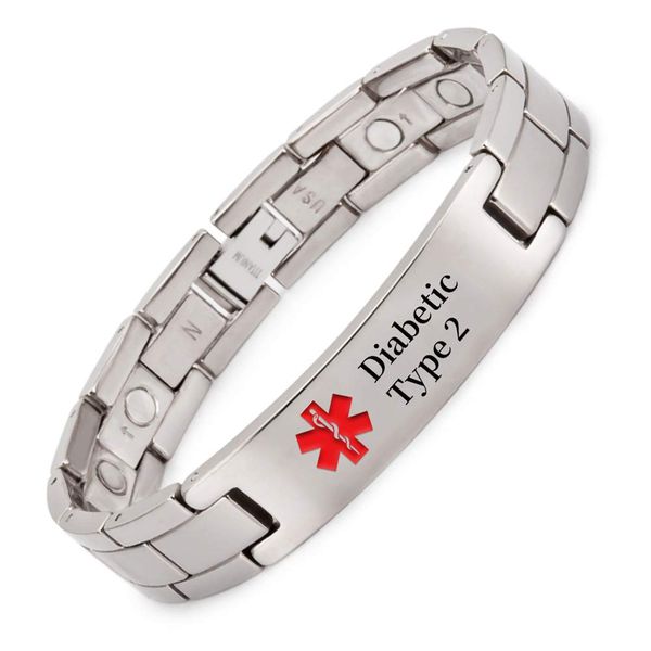 YINOX Health Magnetic Medical alert Bracelet for Men with Super Strong Magnets 22cm/12mm (Diabetic Type 2)