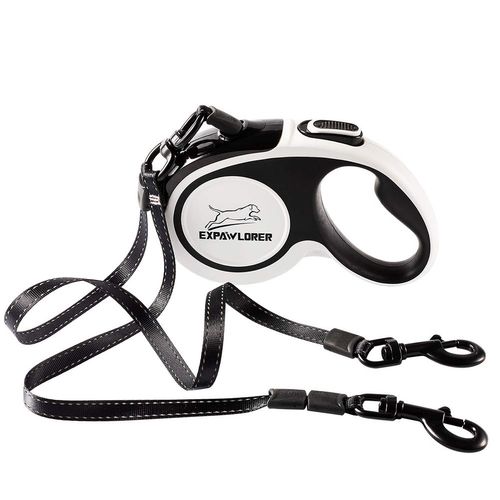 EXPAWLORER Dual Retractable Dog Leash - Double-Head Lockable Extendable Pet Leash - 16FT Reflective Nylon Ribbon - 360 Tangle-Free for Two Dogs Walking Training