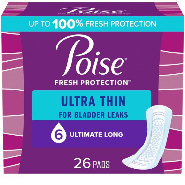 26 Count Ultra Thin Incontinence Pads, 6 Drop Ultimate Absorbency, Long Length