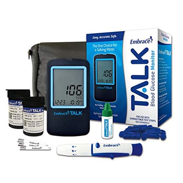 Diabetes Testing Kit Glucose Testing Kit includes Embrace Talk Meter 100 Embrace Talk Test strips 100 Embrace 30g Lancets 1 Embrace Lancing Device 1 Control solution and Carrying Case