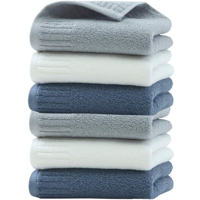 TMVOK Face Towels, Set of 6, Solid Color, Stylish, Scandinavian, 100% Cotton, Instant Absorption, Quick Drying, 13.8 x 27.6 in (35 x 70 cm), Thick, Antibacterial, Odor Resistant, Large, 3 Colors