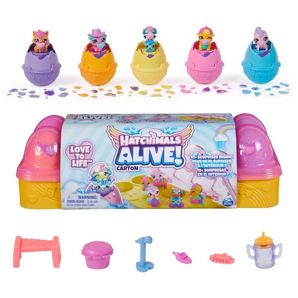 Hatchimals Alive, Pink & Yellow Egg Carton Toy with 6 Mini Figures in Self-Hatching Eggs, 11 Accessories, for Girls & Boys Ages 3+