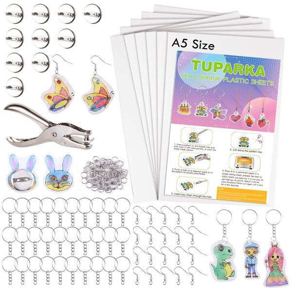 TUPARKA 81-Piece Shrink Plastic Sheet Kit, Includes 20 Sheets of Blank Heat Shrink Art Paper, Hole Punch, 30 Keyrings, 20 Ear Hooks and 10 Pins