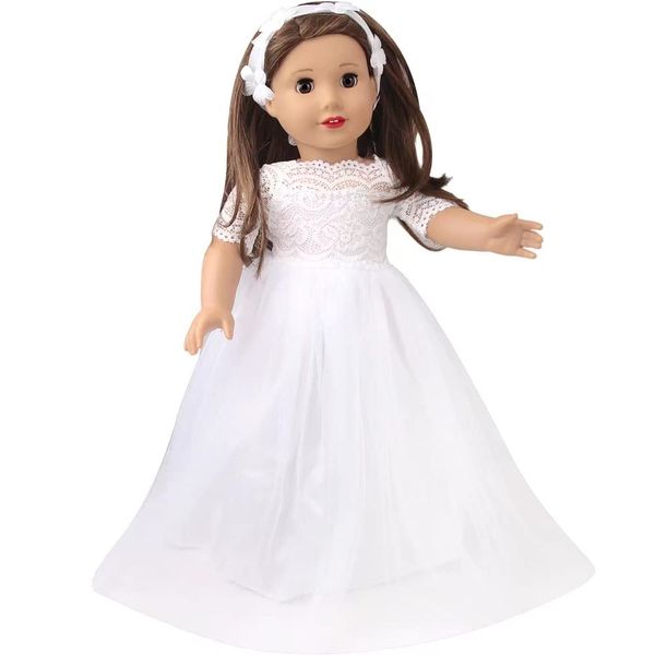 Little Angel -18 inch Doll Clothes Outfit White Satin Communion / Wedding Dress with Matching Headband - Clothes Fits 18 Inch Gril Doll (Doll Not Included)