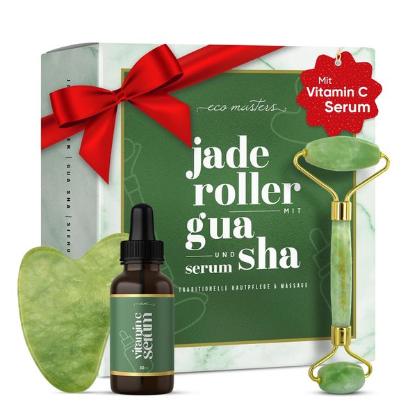 Jade Roller mit Vitamin C Serum & Gua Sha - Massageroller gegen Augenringe, Falten - Anti Aging Hautpflege Set - Geschenke für Frauen & Männer - Premium Jade Stein Set für Gesichtsmassage - Skin Care