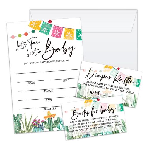 Fiesta Cactus Baby Shower Invitation Cards With Envelopes, Diaper Raffle Tickets, Baby for Book 100 piece set, Gender Reveal Party for Baby Boys & Girls, Gender Neutral Party Supplies/tz-a002