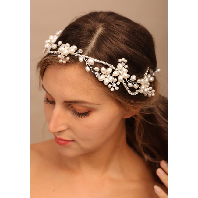 Chargances Bridal Pearl Rhinestone Hair Vine Wedding Silver Flower Crystal Headband Dainty Statement Handmade Hair Accessories for Women and Girls Brides