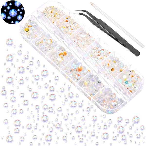 2000 Pieces Flat Back Gems Rhinestones 6 Sizes (1.5-6 Mm) Round Crystal Rhinestones with Pick up Tweezer and Rhinestones Picking Pen for Crafts Nail Clothes Shoes Bags DIY Art (White Polar Light)