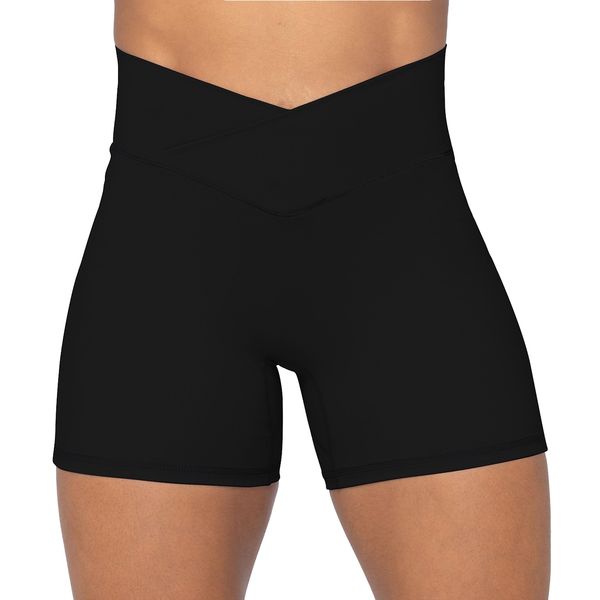 Sunzel Radlerhose Damen, Damen Gym Shorts，V Criss Cross High Waist Yoga Workout Gym Shorts mit Tummy Control,4" Schwarz,L