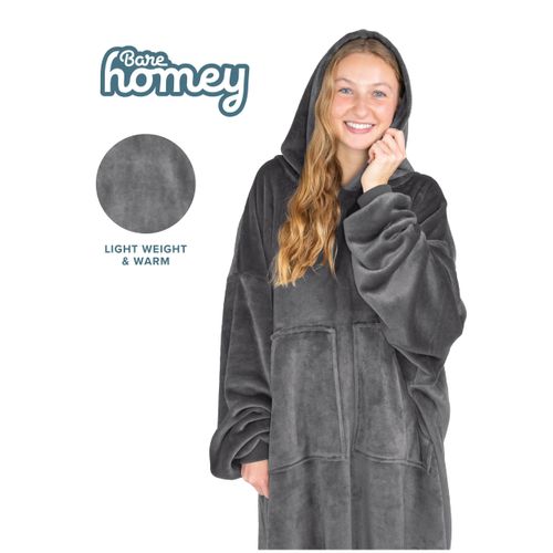 Bare Home Microplush Wearable Blanket with Split Front Pockets - Soft and Plush - Warm and Cozy - Adult & Kid Sizes (Adult, Grey)