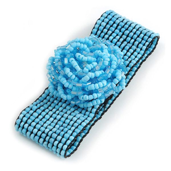 Avalaya Light Blue Beaded Flower Stretch Bracelet - 18cm L - Medium - Adjustable