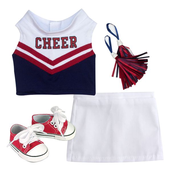 Sophia's Complete 4 Piece Cheerleading Uniform with Cheer Top and Skirt, Pom Poms and Tennis Shoes for 18" Dolls, White/Red