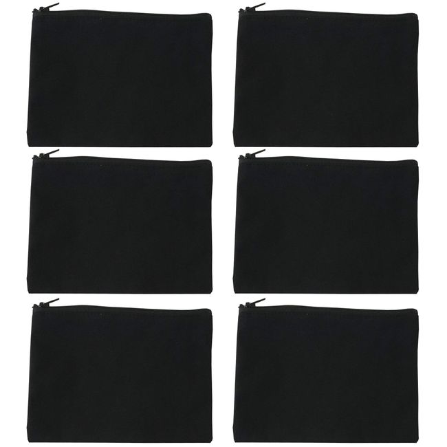 Blank Black 100% Cotton Canvas Makeup Bag With Zipper 9x6 Cosmetic Pouch Bulk - 12 Pack 1 Dozen